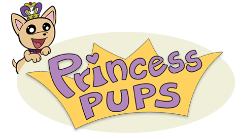 Princess Pups Logo, featuring Teacup Pup dangling in the corner