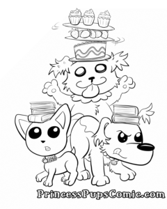 A printable coloring page featuring three Princess Pups. Teacup Pup balances 3 books on her head, Fluff Pup balances 2 larger books on her head, while Scruffy Pup balances a plate with a cake, a plate with strawberries, and a plate with cupcakes on her head.