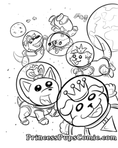A printable coloring page of the Princess Pups in space in their spacesuits. Pug Pup floats the closest, followed by Teacup Pup, Scruffy Pup, Corgi Pup and Fluff Pup. The Earth and Moon are behind them.