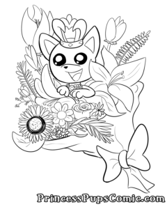 A coloring page image of TeaCup Pup inside a large bouquet of flowers. The flowers are in a paper wrap that is tied with a bow. There's a variety of flowers with TeaCup Pup smiling in the middle of them.