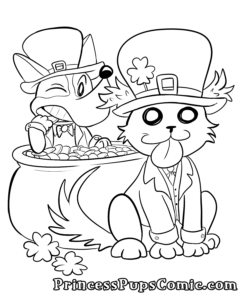 A coloring page image of Scruffy Pup dressed in a St. Patrick's Day themed outfit including a large hat. A pot of gold is behind her and Corgi Pup is sticking out, biting into one of the gold coins. She is also in a St. Patrick's outfit with a large hat. Two four-leaf clovers are on the ground nearby
