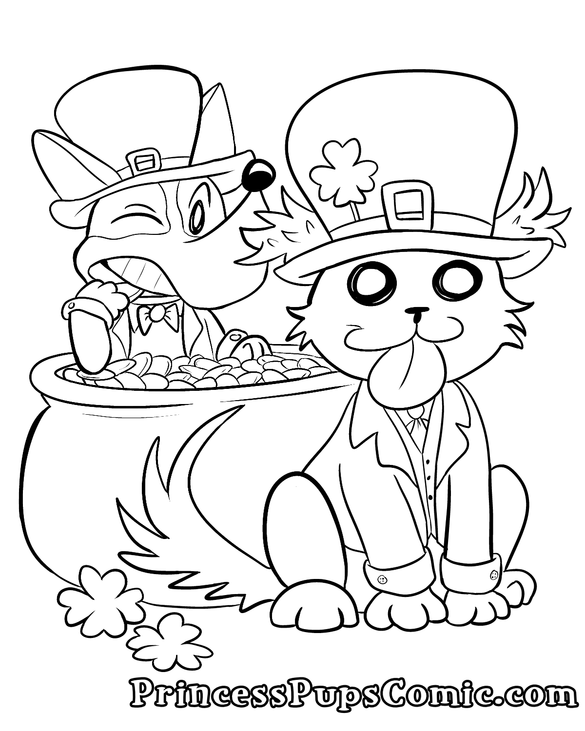 A coloring page image of Scruffy Pup dressed in St. Patrick's Day themed outfit. A pot of gold is behind her and Corgi Pup is sticking out, biting into one of the gold coins. Two four-leaf clovers are on the ground nearby