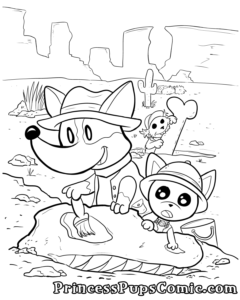 Image that links to the full size coloring page of Corgi Pup digging up a T-Rex skull. TeaCup Pup is helping with the dig. In the background, Scruffy Pup is chomping on a large fossil bone sticking out the ground.