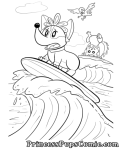Corgi Pup looking nervous as she surfs on a large wave in the ocean. On a separate wave in the background, Scruffy Pup balances on her head while surfing. A bird flying overhead looks alarmed.