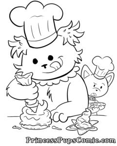 A coloring sheet to download and print. Scruffy Pup wears a chef's hat while squeezing frosting onto a cookie. It's a giant stack of frosting and there's a star shaped cookie nearby that also has a giant stack of frosting. Behind her, TeaCup Pup looks aghast at this amount of frosting on a cookie