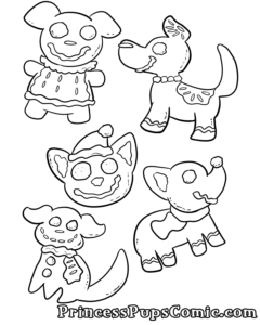A coloring sheet to download and print. There's five puppy shaped cookies with various frosting and sprinkle patterns