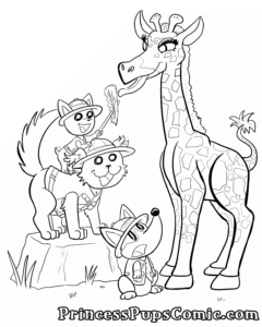 A coloring page of TeaCup Pup, Scruffy Pup, and Corgi Pup in safari outfits. TeaCup Pup is standing on Scruffy Pup's back to hold up a stick with a leaf of lettuce to a baby giraffe.