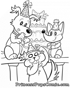 A coloring page of Fluff Pup, Corgi Pup, and Scruffy Pup at a table with a 3 tiered birthday cake. All the pups are wearing party hats. Fluff Pup and Corgi Pup are adding frosting using frosting tubes while sitting on the table as Scruffy Pup uses a toe from her front paw to sneak some frosting to eat.