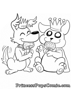 Coloring Page of Fluff Pup and Pug Pup both eating candy apples. 