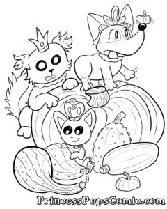 Coloring page image of Corgi Pup, Scruffy Pup, and TeaCup Pup in a group of gourds. Corgi Pup is standing on a cinderella pumpkin while Scruffy Pup examines it. TeaCup Pup is between two goosebump gourds. 