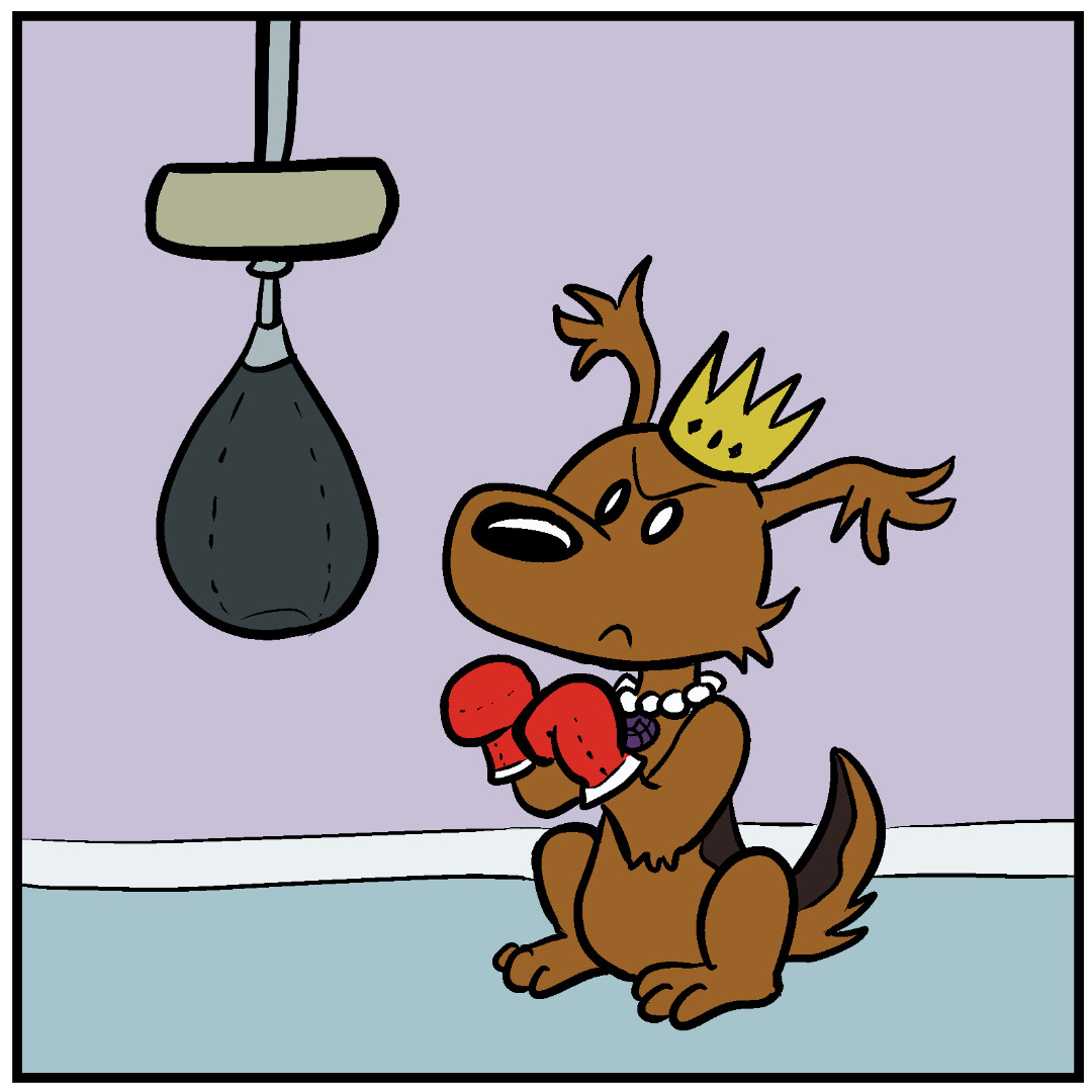 Panel 1: Fluff Pup, a brown puppy with a yellow crown and fuzzy ears, faces a gray speed bag that hangs from the ceiling. She has a look of determination on her face and has her front paws in a pair of red boxing gloves. Her paws are up in preparation to punch.