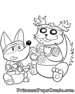 A Princess Pups coloring page by Lindsay Hornsby. Corgi Pup, a corgi puppy wearing a sweat band, leotard, and a fun belt, uses small dumbbells to do bicep curls. She looks over with a confused face at her friend Scruffy Pup, a scruffy dog with floppy scruffy ears wearing a sweat band, tank top and workout bottoms. Scruffy Pup also does bicep curls but her dumbbells are made up of long donuts with circular donuts at each end. Scruffy Pup is chomping bites out of the donut-dumbbells with each curl and looks very happy.