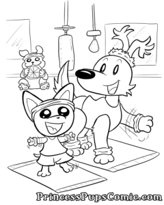 A Princess Pups coloring page by Lindsay Hornsby. TeaCup Pup, a small teacup chihuahua, dressed in a sweatband, tank top, and workout shorts, stands on her back legs circling her arms and doing cardio moves. Fluff Pup, a larger puppy with long fluffy ears and tail, does cardio with her. Fluff Pup has her long ears pulled back in a Scrunchie and wears a tank top and workout bottoms with sweatbands on her legs. Behind them in the room is other exercise equipment like a speed and punching bag. In the background, Pug Pup, a pug puppy also in workout clothes, happily chews on an entire pizza instead of working out.