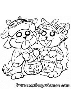 A coloring page by Lindsay Hornsby of Pug Pup and Scruffy Pup dressed in homepage Halloween costumes of goats!