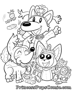 A Princess Pups coloring page by Lindsay Hornsby. It's 3 of the Princess Pups dressed as each other for Halloween as they frolic in a pile of candy.