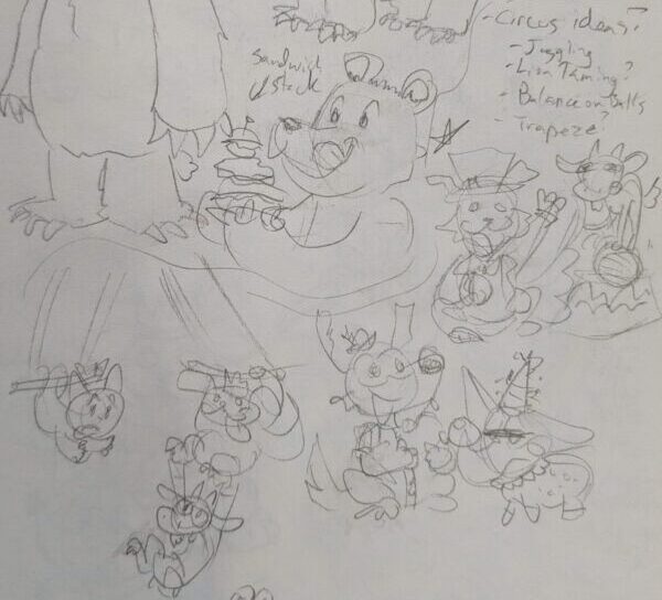 A photo of a physical sketchbook page. There's lots of pencil drawings of bears and ideas for circus themed images for Princess Pups. The ideas include Scruffy Pup as a ringmaster with a goat on a ball, Fluff Pup and Corgi Pup as clowns, and TeaCup Pup and Pug Pup doing the trapeze with a goat