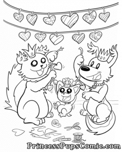 A coloring sheet featuring three of the Princess Pups. They're crafting Valentine's Day themed garlands to hang. TeaCup Pup, the smallest puppy, swings on one of the garlands between Scruffy Pup and Fluff Pup as they prepare to hang it. They're all happy pups!