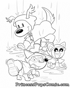 A coloring page three of the Princess Pups outside on a rainy day. All three are wearing their raincoats. Fluff Pup carefully splashes a puddle with a front-booted foot with a slight smile. TeaCup Pup happily splashes a different puddle with her front foot. Corgi Pup has no boots on her feet and stares behind her in confusion and annoyed disbelief at the giant boot stuck to her booty.