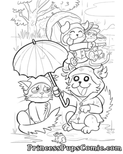 A coloring page set outside on a rainy day. In the foreground, Scruffy Pup, dressed in a raincoat, happily shares an umbrella with the fluffy Commando Cat, who's looks sheepishly grateful. A bug-eyed frog sits in a puddle nearby them. In the background, Pug Pup, also in her raincoat, is busy hugging the taller Commando Cat. Pug Pup's umbrella is shifted behind her so unfortunately the grumpy cat is not shielded from the rainy.