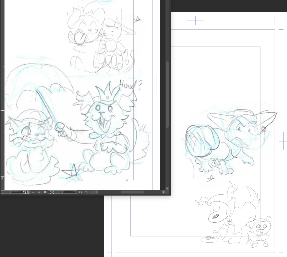 A screenshot from Clip Studio Pro of several sketchbook drawings and one digital sketch. Two sketches focus on Princess Pups in the rain with the Commando Cats, offering one cat an umbrella and giving the other a big hug! One sketch has a confused Corgi Pup with a rainboot stuck to her booty instead of on her feet as her pals Fluff Pup and TeaCup Pup play in puddles in their rain gear.