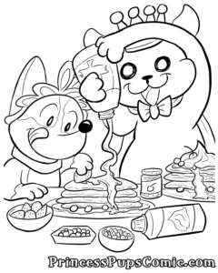 A coloring page of Corgi Pup and Pug Pup in a close up view at a table filled with toppings for pancake breakfast. A smiling Pug Pup is holding a syrup bottle high above her head as she pours syrup onto a stack of pancakes. Corgi Pup, licking her lips and smiling, is adding a strawberry to the sam stack. Nearby the toppings is an already piled-high stack of pancakes with whipped cream, syrup, a cherry and blueberries.