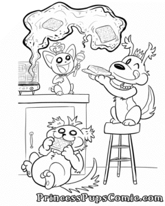 A coloring page of several Princess Pups having a waffle breakfast! TeaCup Pup sits on a kitchen counter next to a waffle maker with a big grin. She uses her magic wand to float fresh waffles from the waffle maker to a plate held by a hungry Fluff Pup who's sitting on a nearby tall stool. On the floor below TeaCup Pup, Scruffy Pup is chewing on a waffle she holds eagerly in both paws.