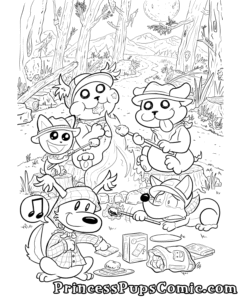 A Princess Pups coloring page illustration by Lindsay Hornsby. All five pups are gathered around a roaring campfire in the woods. Fluff Pup is stacking a fresh s'more in the foreground. Corgi Pup is frantically trying to wave out the fire on her marshmallow as TeaCup Pup and Pug Pup successfully and happily roast their own marshmallows. Scruffy Pup has ripped her marshmallow in half with a lump in her paws and a lump sticking out of her mouth as she eats it. The background features tall trees and a large mountain range with a full moon in the sky.