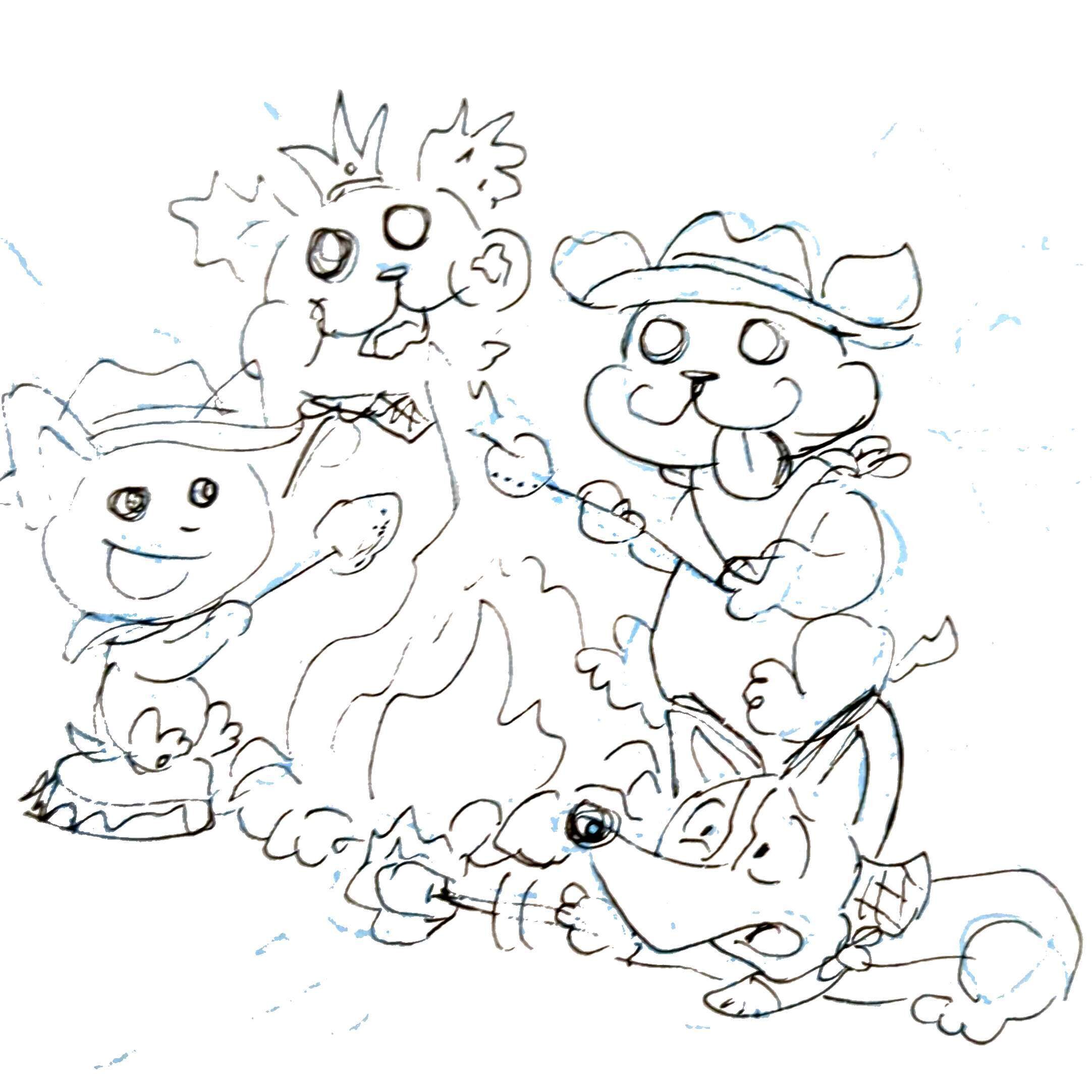 A rough scan from a physical sketch of the Princess Pups around a campfire. It's the initial drawing that lead to the final coloring page nearby.