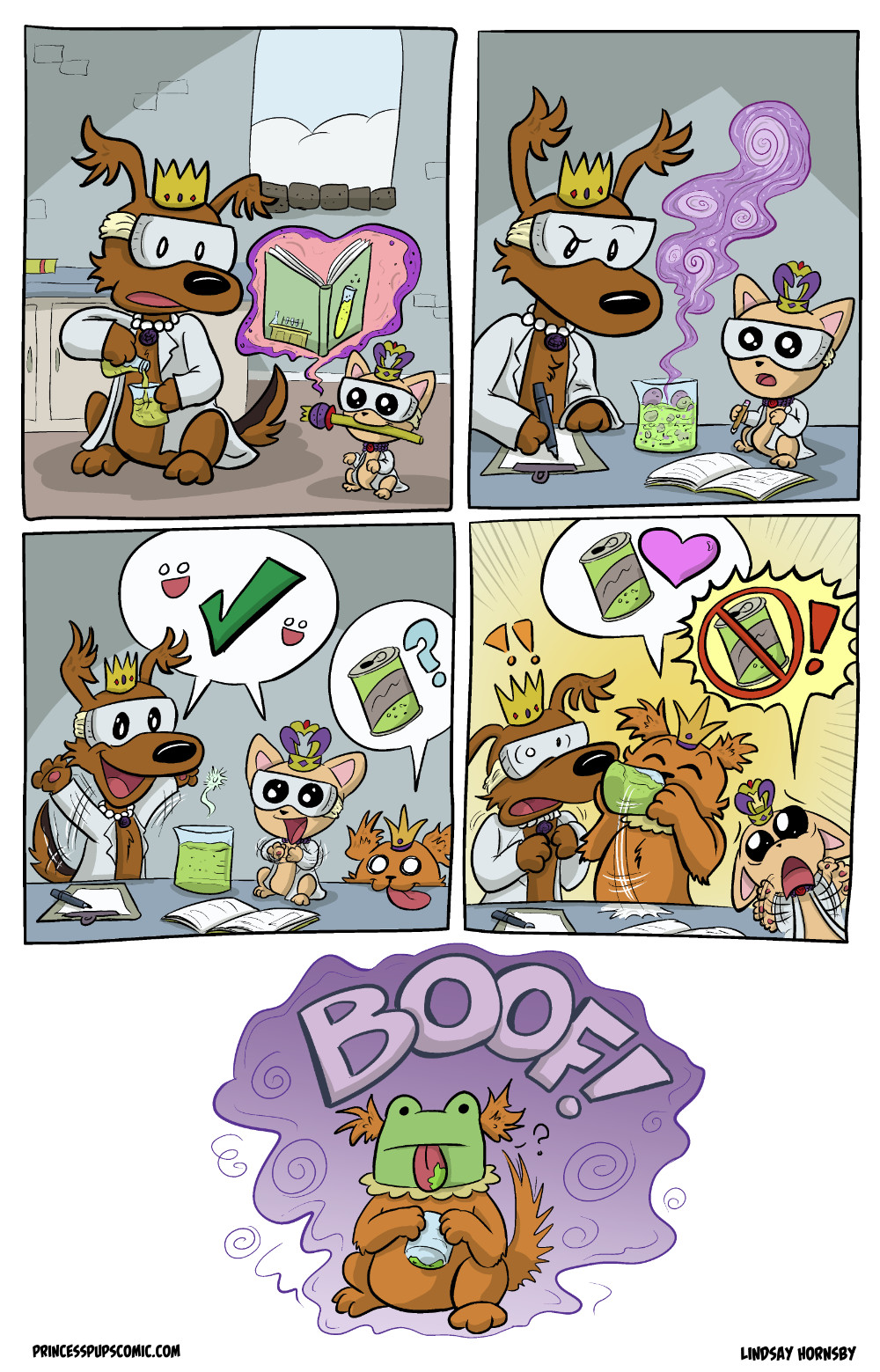 Comic Panel 5: A large, blocky BOOF! Sound effect takes up much of the space as the same purple swirls from earlier in the comic descend around Scruffy Pup. She now has a frog head, but still has her fluffy-floppy dog ears. Her tongue sticks out of her frog mouth with a bit of the green liquid on it and she has a puzzled look on her now-frog face.