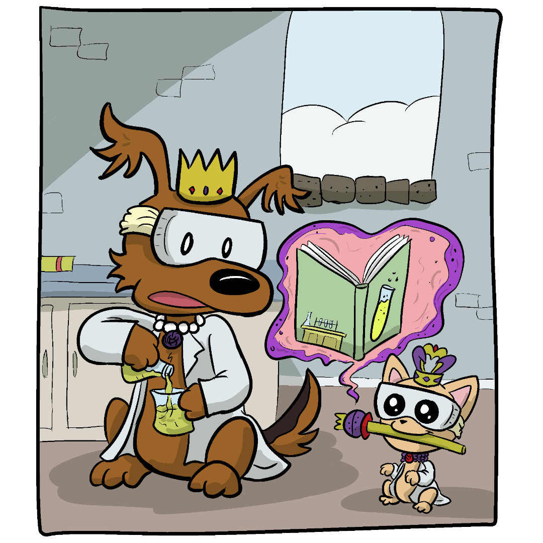 Comic Panel 1: Inside the Princess Pups castle, Fluff Pup and TeaCup Pup are wearing safety goggles and lab coats. Fluff Pup is in the middle of carefully adding one liquid to another in science lab beakers. TeaCup Pup is using her magic wand to keep a Science-Ish book floating up where Fluff Pup can read it