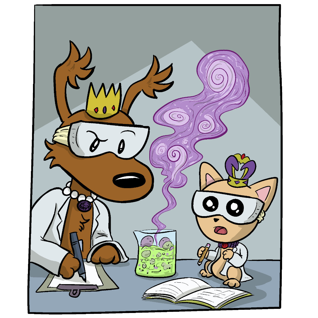 Comic Panel 2: Closer image of Fluff Pup and TeaCup Pup; theyâve moved their science stuff onto a countertop.The glass beaker of liquid has some purple colored swirls coming out of it and floating above it. It's bubbling a lot! Fluff Pup is concentrating as she writes notes on a clipboard. TeaCup Pup sits on the other side with a pencil and open book, watching the liquid closely.