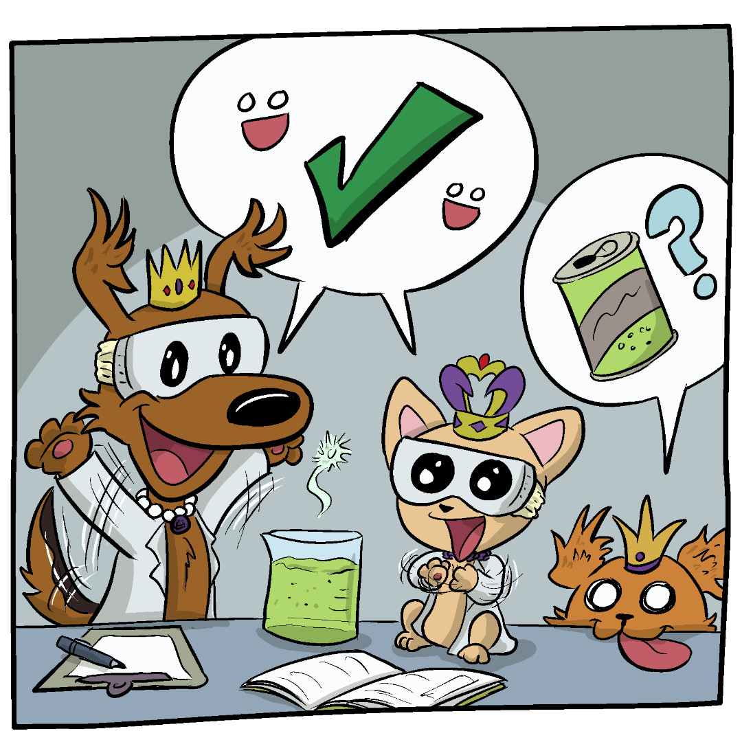 Comic Panel 3: The swirl cloud disappears and the large bubbles stop, as the liquid settles itself into a lime green color. Fluff Pup and TeaCup Pup celebrate and have a word balloon showing a strong checkmark and happy faces to showcase that their science was a success! Right behind TeaCup Pup, Scruffy Pup is peeping her head up on the table with her tongue flopping out. She looks at the liquid with a soda can and a question-mark image above her head.
