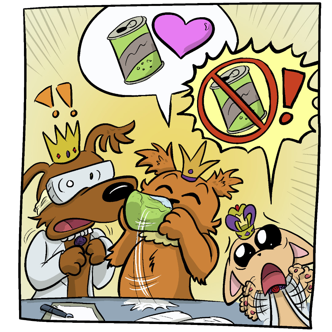 Comic Panel 4: Scruffy Pup has swooped up between Fluff Pup and TeaCup Pup to quickly grab the science liquid and starts to drink it! She has a word balloon with a soda can and heart above her head as sheâs convinced this is soda! Fluff Pup cringes and looks startled as TeaCup Pup furiously waves her arms back and forth with an exclamatory word balloon with a crossed out image of a soda can, trying to warn her friend itâs NOT soda!