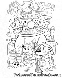 A coloring page of the five Princess Pups dressed as witches outside surrounded by Halloween decorations. Fluff Pup hold a broom and a pumpkin bucket of candy. Corgi Pup waves at a Raven standing on a stack of spell books. Both Scruffy Pup and Pug Pup are sticking their tongues into a caldron to drink some bubbly liquid. TeaCup Pup is panicking as her broom is flying about out of control above, startling some bats!